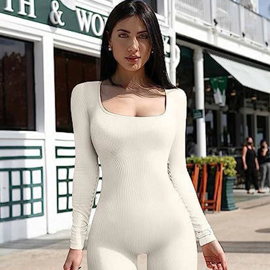 Cream women's seamless long-sleeve yoga jumpsuit