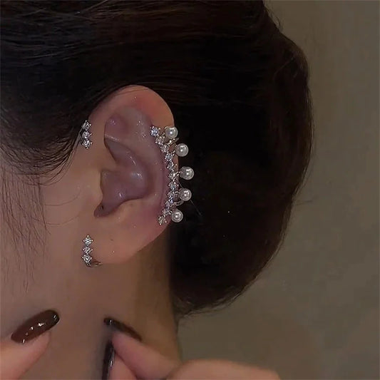 Silver pearl and crystal ear cuff