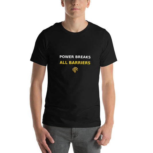Front digital mockup of a black Will Power tee with “Power Breaks All Barriers” in white and yellow above the gold logo.