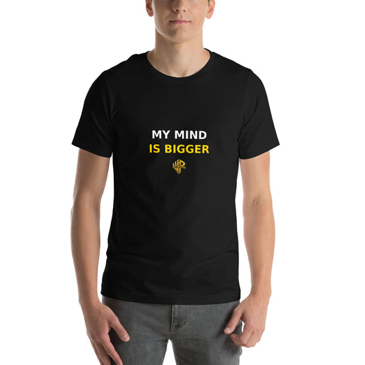 Front digital mockup of a black Will Power tee with “My Mind Is Bigger” in white and yellow above the gold logo.