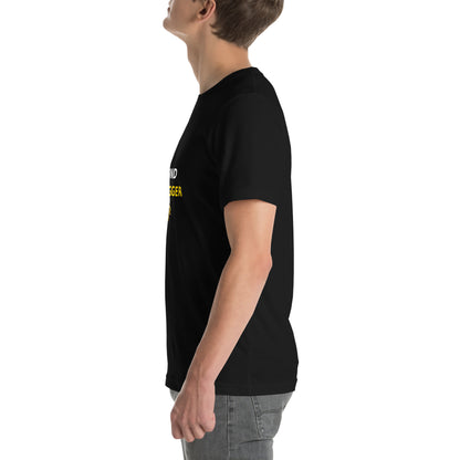 Left-side digital mockup of the black Will Power “Mind Is Bigger” tee, showing its fit and plain sleeve.