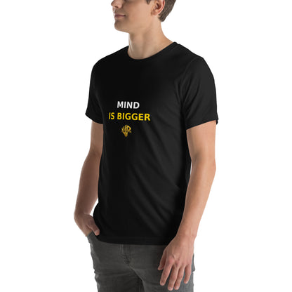Left-front digital mockup of a black Will Power tee with “Mind Is Bigger” in white and yellow above the gold logo.