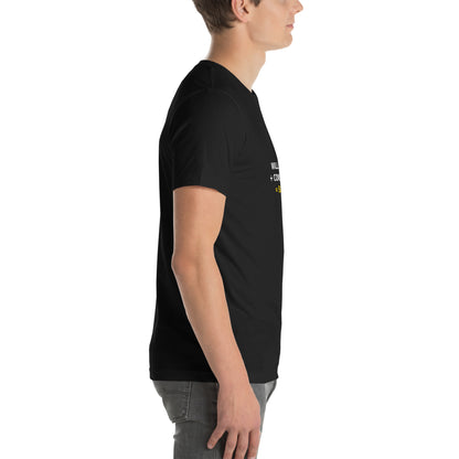Right-side digital mockup of the black Will Power “Will Power + Consistency = Success” tee, showing its fit and plain sleeve.