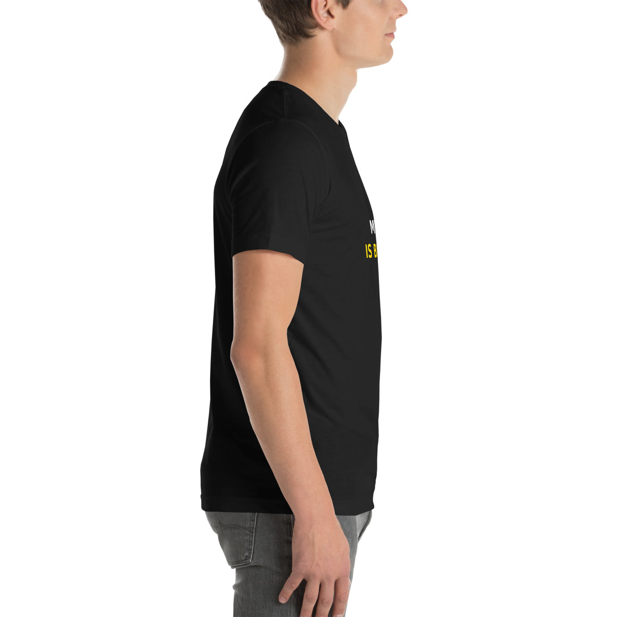 Right-side digital mockup of the black Will Power “Mind Is Bigger” tee, showing its fit and plain sleeve.