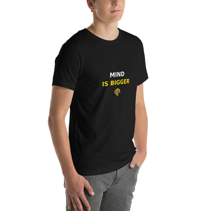 Right-front digital mockup of a black Will Power tee with “Mind Is Bigger” in white and yellow above the gold logo.